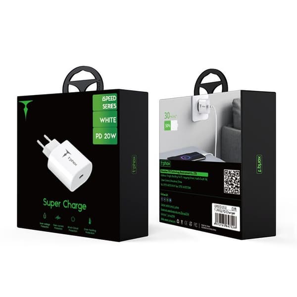 VÄGGLADDARE T-PHOX ISPEED 20W vit (EU-KONTAKT) vit