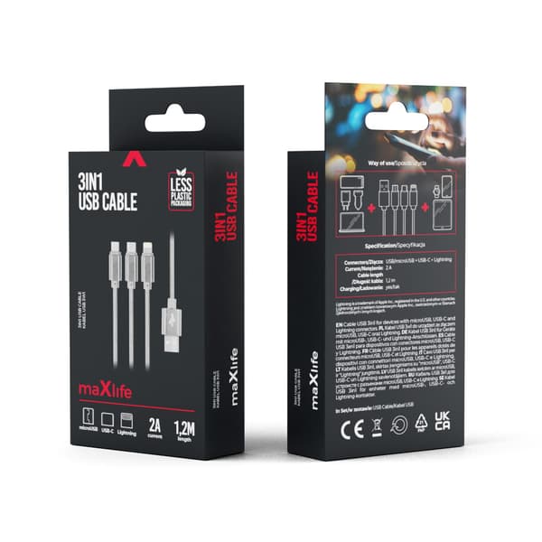 Maxlife 3in1-kabel USB - Lightning + USB-C + microUSB 1,0 m 2,1A grå nylon