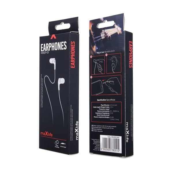 Maxlife trådbundna hörlurar MXEP-01 jack 3,5mm vit röd