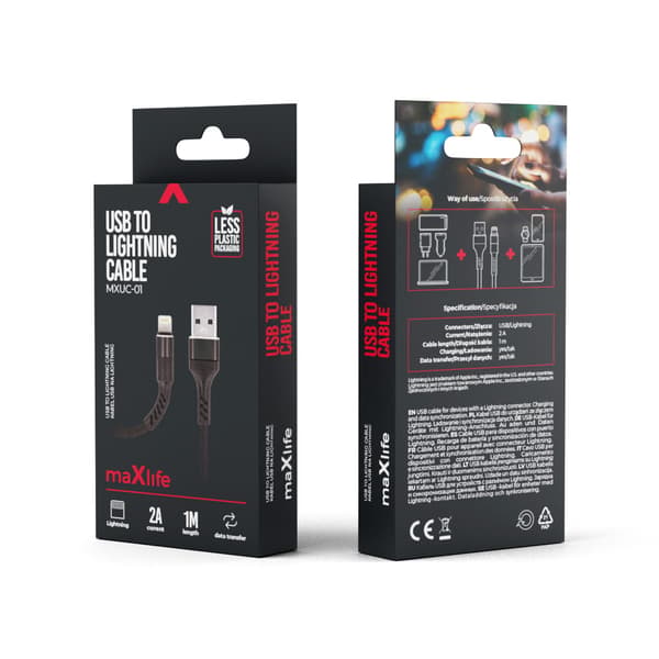 Maxlife MXUC-01 kabel USB - Lightning 1,0 m 2A svart nylon svart