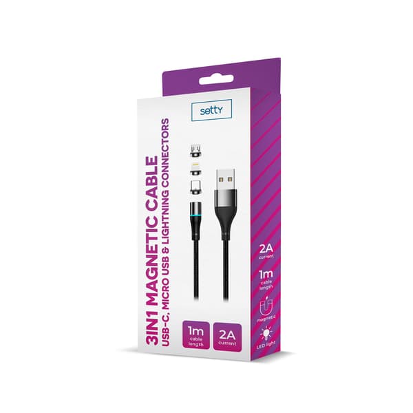 Setty USB magnetisk kabel 1m 2A nylon svart svart