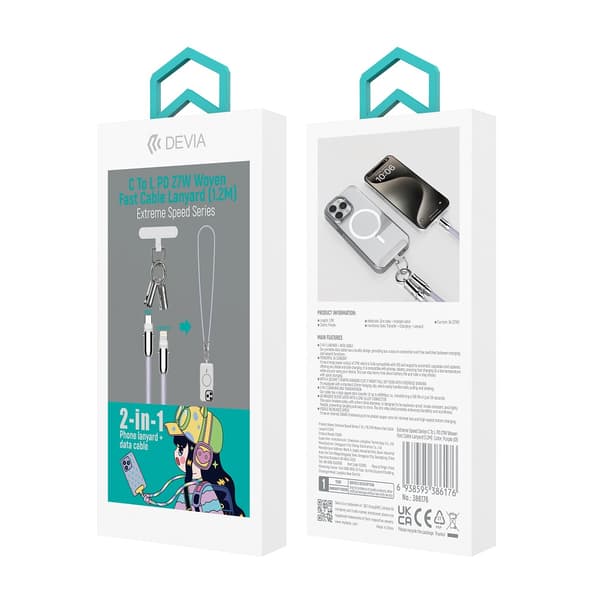 Devia kabelhalsband 2in1 PD USB-C - Lightning 1,2 m 27W lila