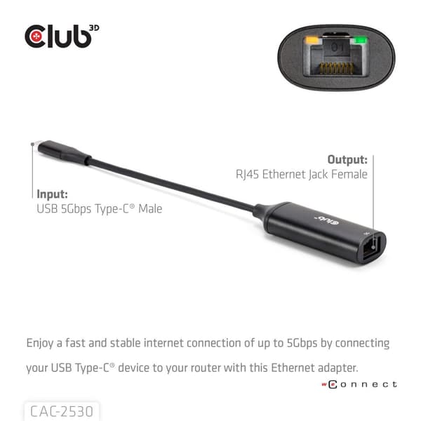 Club 3D USB-C till RJ45 netvärksadapter 5Gbps 24.5 cm