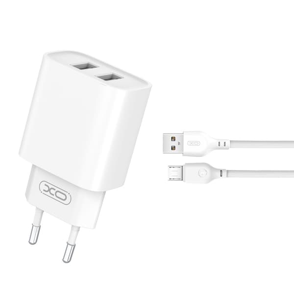 XO väggladdare CE02C 2x USB 2,1A vit + microUSB-kabel vit