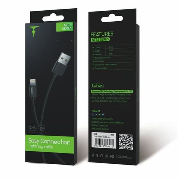 T-PHOX KABEL NETS LIGHTNING SVART 3A ; PVC ; 2M