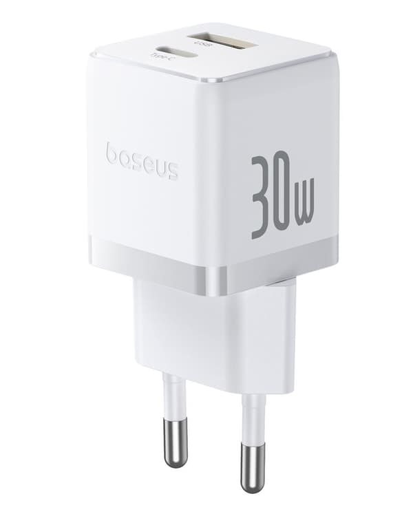 Baseus Palm Snabbladdare Väggladdare 30W USB-C USB-A EU Månvit vit