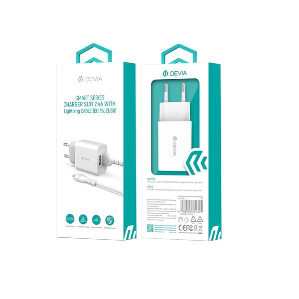 Devia väggladdare Smart 2x USB 2,4A vit + Lightning-kabel