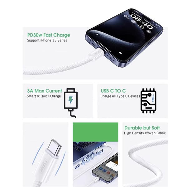 T-PHOX CC15 SERIES USB-C / USB-C-kabel 60W 3A vit vit