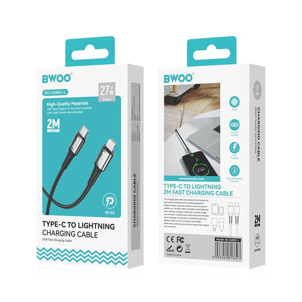 BWOO Flätad kabel USB-C - Lightning 3m 30W svart svart