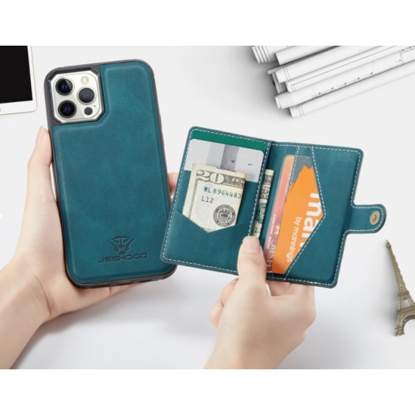 JEEHOOD 3i1vikbar plånboksfodral till iphone 13 |grön