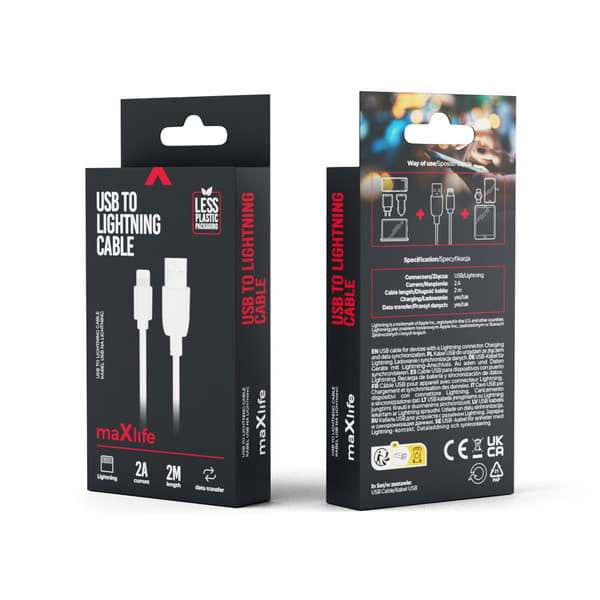 Maxlife kabel USB - Lightning 2,0 m 2A vit vit