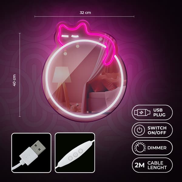 Neon MIRROR LED SOVANDE KATT vit rosa FMNE03 Forever Light