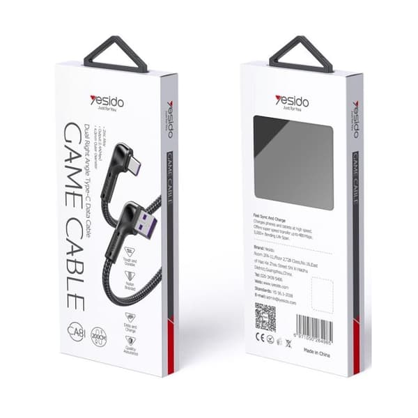 Yesido Angled USB/USB-C Cable 2m (18W) - Black