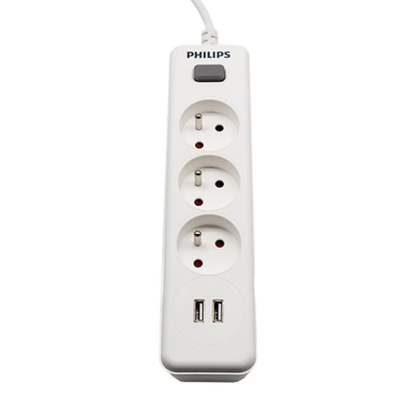 Grenuttag PHILIPS förlängningssladd 3 uttag + 2 USB 2m 10A vit