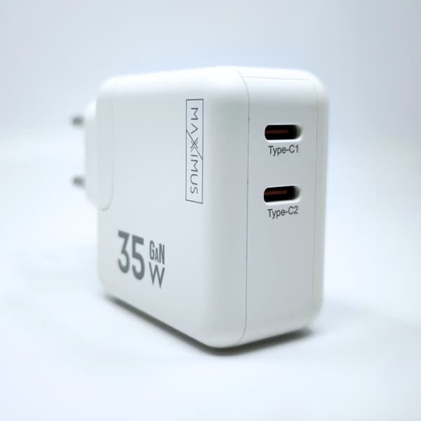 VÄGGLADDARE MX BURST GaN PD 35W, 2xUSB-C + C / C PD-kabel 65W vit vit
