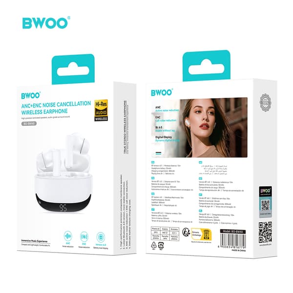 BWOO Bluetooth hörlurar BW40 TWS ANC med LCD-display vit blå