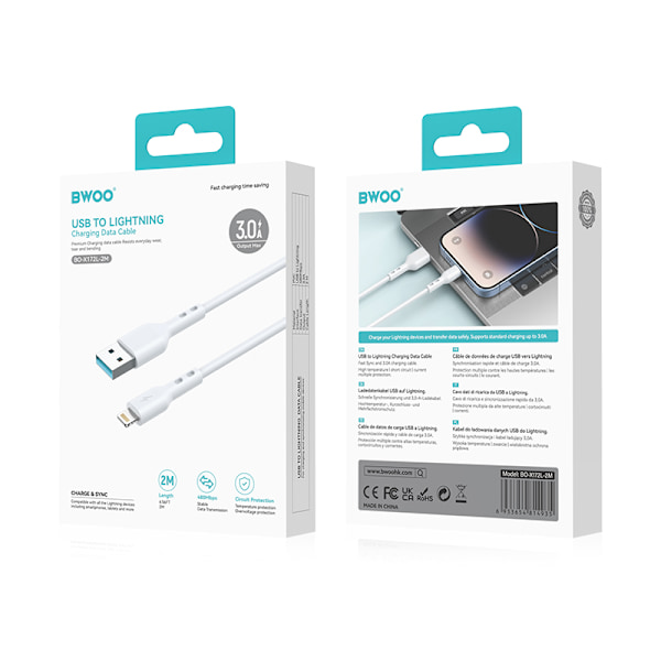 BWOO-kabel USB - Lightning 2m 3A vit