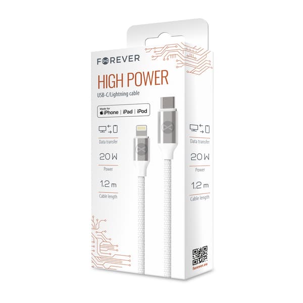 Forever MFI-kabel USB-C - Lightning 1,2 m 3A 20W WHP12321 vit vit