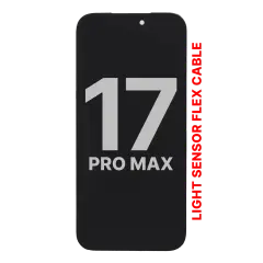 OLED-enhet kompatibel med iPhone 17 Pro Max med flexkabel för ljussensor (begagnad OEM-dragning: klass A)