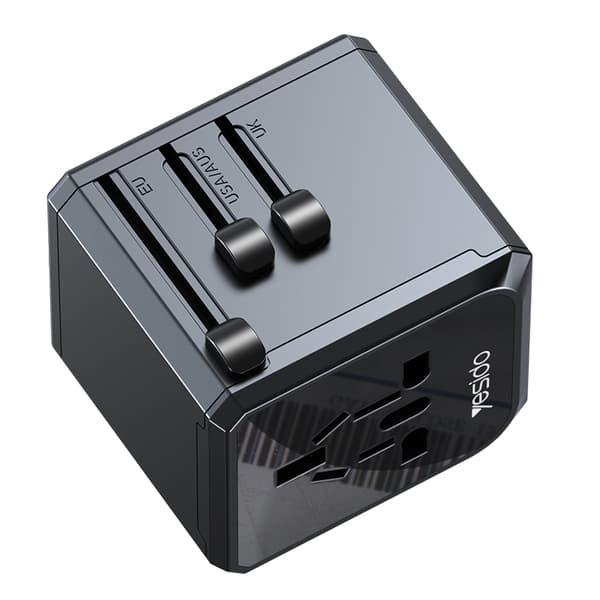 YESIDO MC24UNIOVERSAL ADAPTER UK/EU/US/AUX MAX 8A (3xUSB + USB-C) SVART
