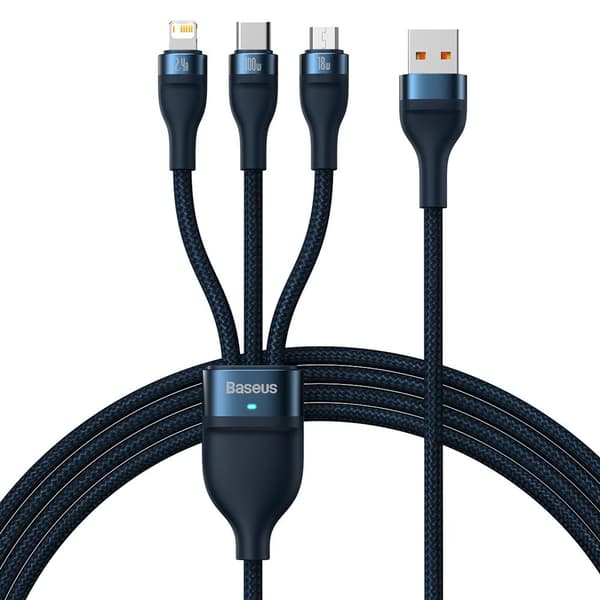 Baseus kabel 3i1 Flash II USB - micro USB + Lightning + USB-C 1,2m 3,5A blå 66W blå