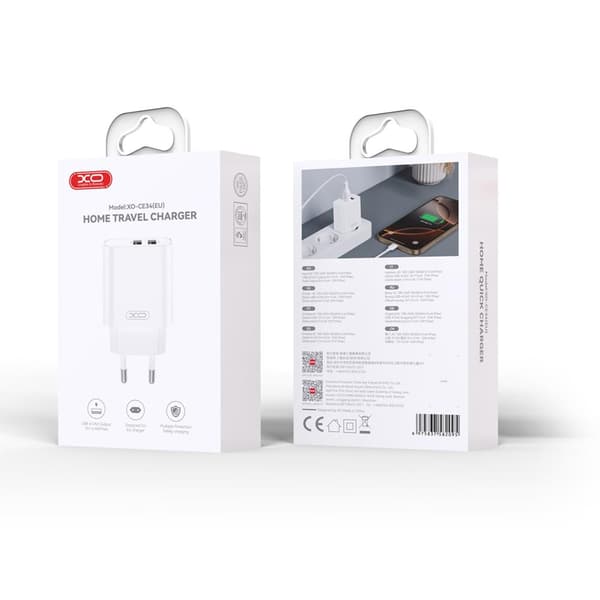 XO väggladdare CE34 2x USB 2,4A vit + microUSB-kabel