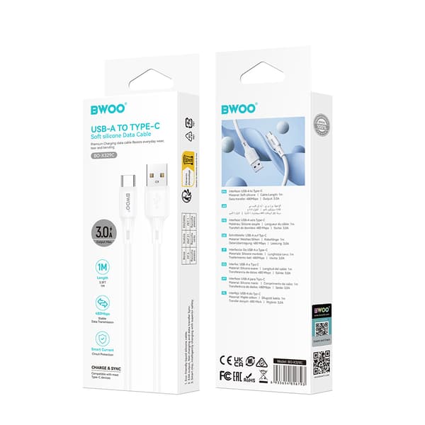 BWOO 3A silikonkabel X329C USB - USB-C 1m vit vit