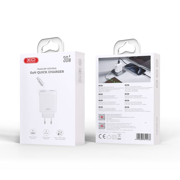 XO Wall Charger CE31 1x USB 1x USB-C 30W White with Retractable USB-C Cable