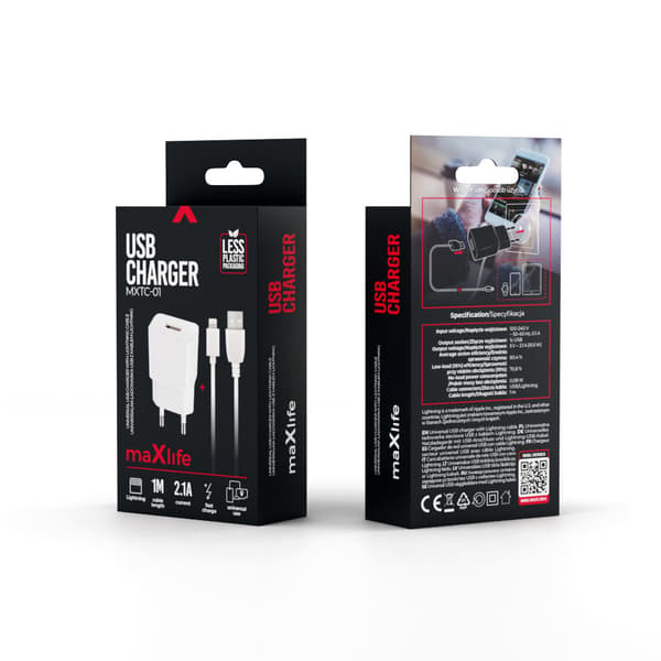 Maxlife MXTC-01 laddare 1x USB 2 1A vit + Lightning kabel vit