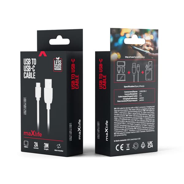 Maxlife-kabel USB - USB-C 3,0 m 2A vit