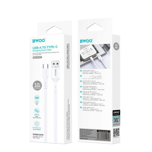 BWOO-kabel USB - USB-C 1m 3A Vit BO-X172C