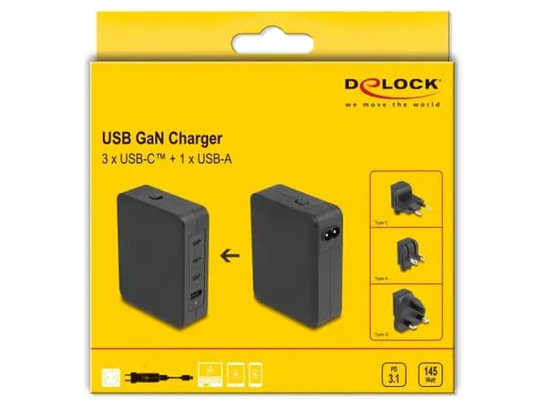 DeLOCK 145Watt Strömforsyningsadapter 3xUSB-C + 1xUSB-A