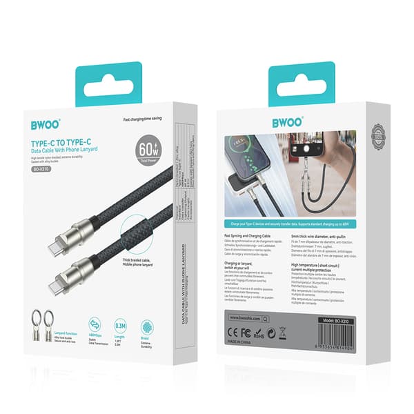 BWOO Lanyard-kabel USB-C - USB-C 1,2m 60W med rem