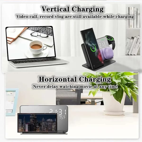 3 i 1 Trådlös snabbladdningsstation med digital väckarklocka för Samsung grå