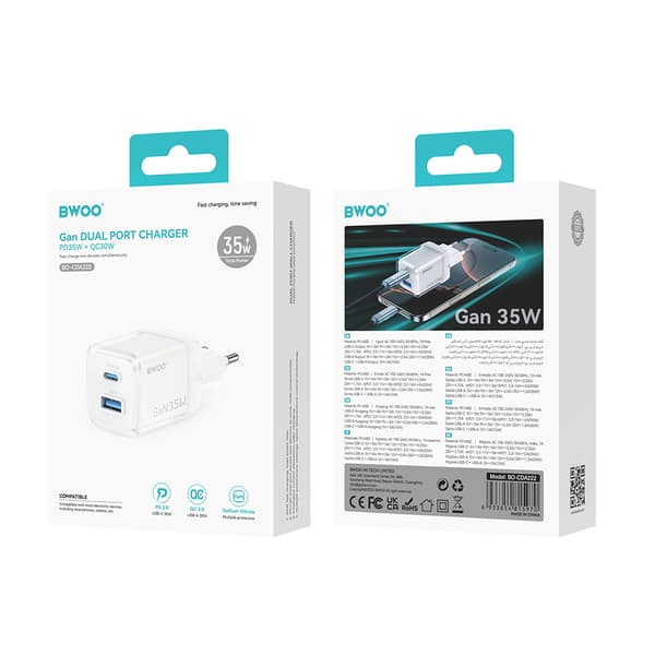 BWOO GaN väggladdare CDA222 PD 35W 1 x USB 1 x USB-C, vit vit