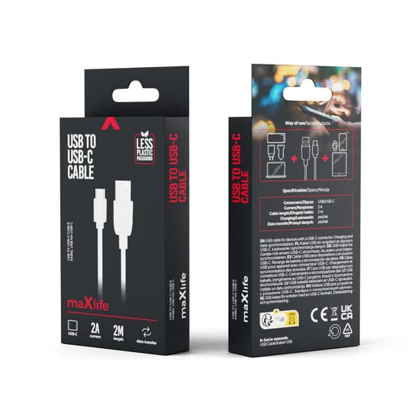 Maxlife-kabel USB - USB-C 2,0 m 2A vit vit