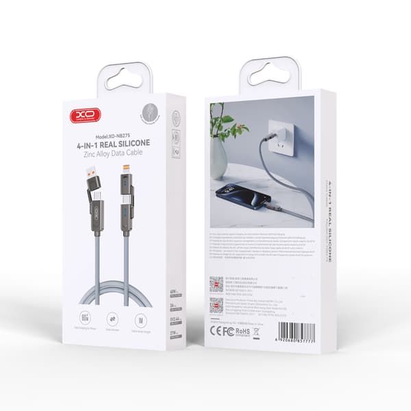 XO-kabel NB275 4-i-1 USB-C - Lightning + USB - USB-C 60W 1,0m grå