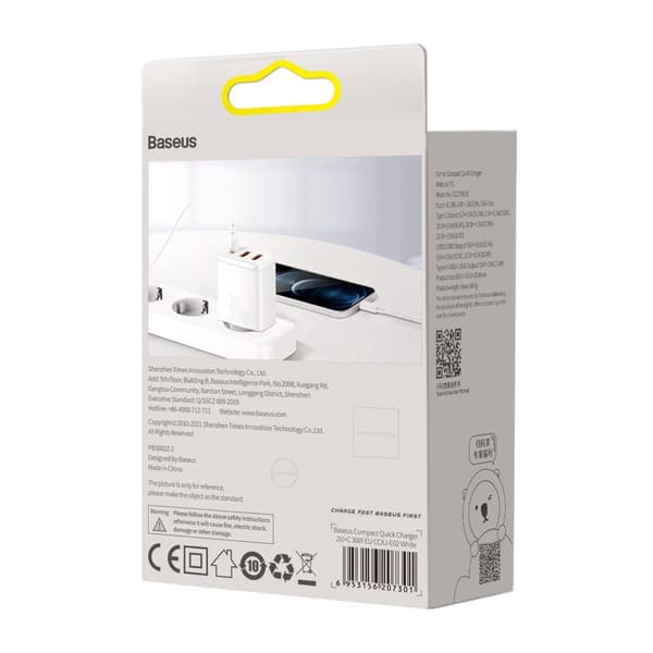 Baseus Wall Charger PD 30W - 1x USB-C, 2x USB-A, White