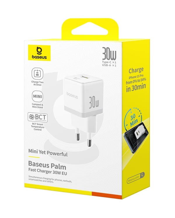 Baseus Palm Snabbladdare Väggladdare 30W USB-C USB-A EU Månvit vit