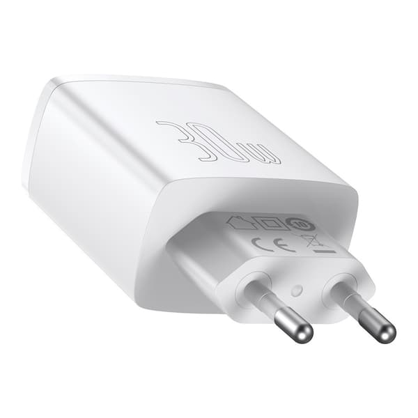 Baseus Wall Charger PD 30W - 1x USB-C, 2x USB-A, White