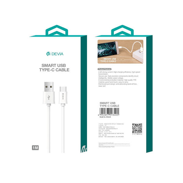 Devia-kabel Smart EC082 USB - USB-C 1,0 m 2,1A vit