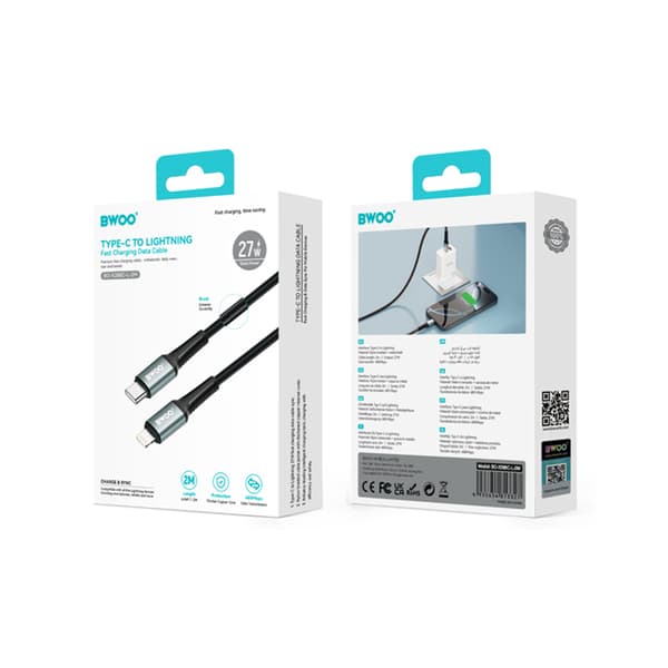 BWOO Flätad kabel USB-C - Lightning 2m 30W svart