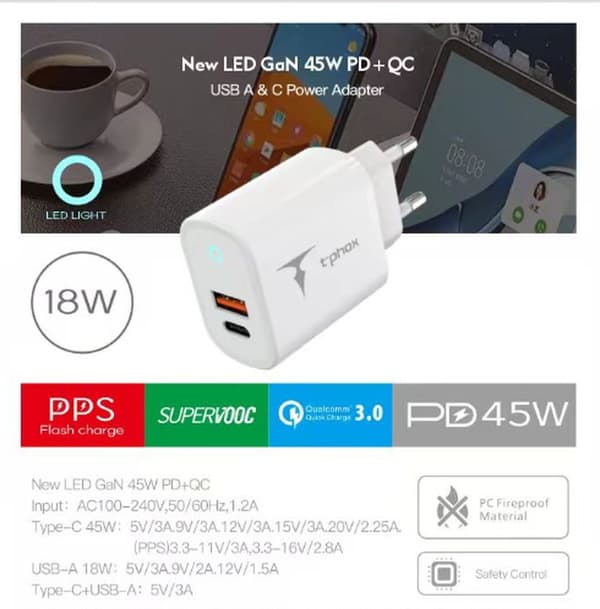 VÄGGLADDARE T-PHOX GLORY 45W USB/USB-C VIT