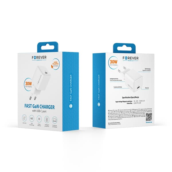 Forever TC-08-30C GaN PD laddare 1x USB-C 30W vit vit