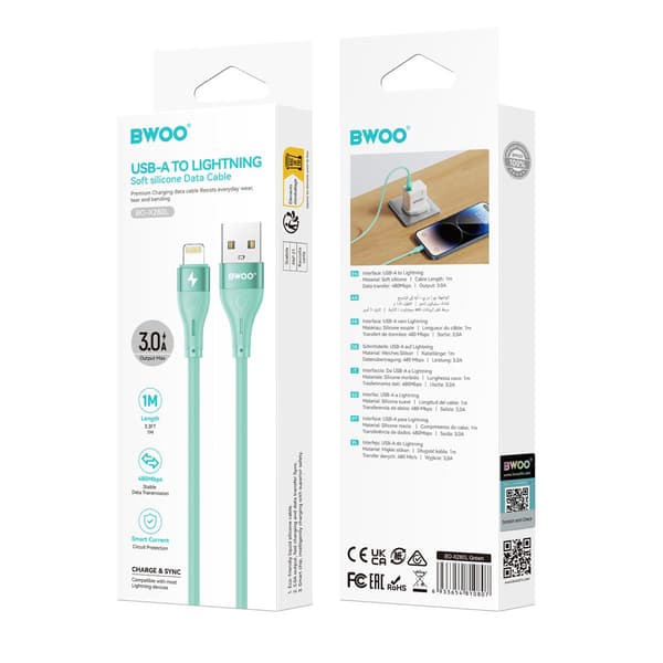 BWOO Minimalistisk Silikon 3A Kabel X280L USB-A till Lightning grön