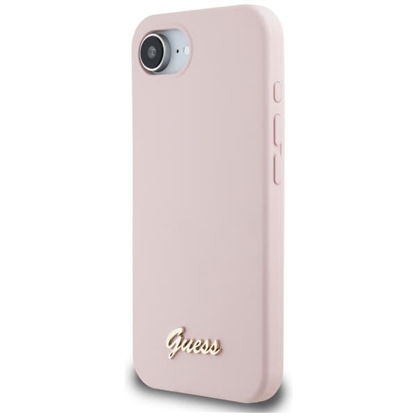 Guess HC Silikon Script Metall Logotyp Fodral för iPhone 16e Rosa