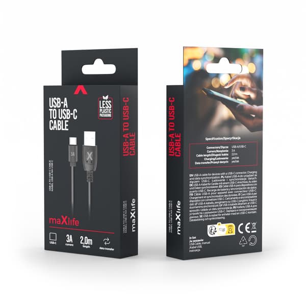 Maxlife-kabel USB - USB-C 2,0 m 3A svart