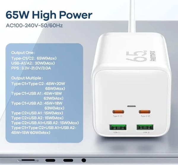 REMAX GAN POWER STRIP 65W RP-U157 2xUSB+2xUSB-C 1.5M VIT
