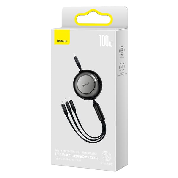 Baseus kabel Bright Mirror 2 3-i-1 USB - micro USB + Lightning + USB-C 1,1m 100W svart infällbar svart