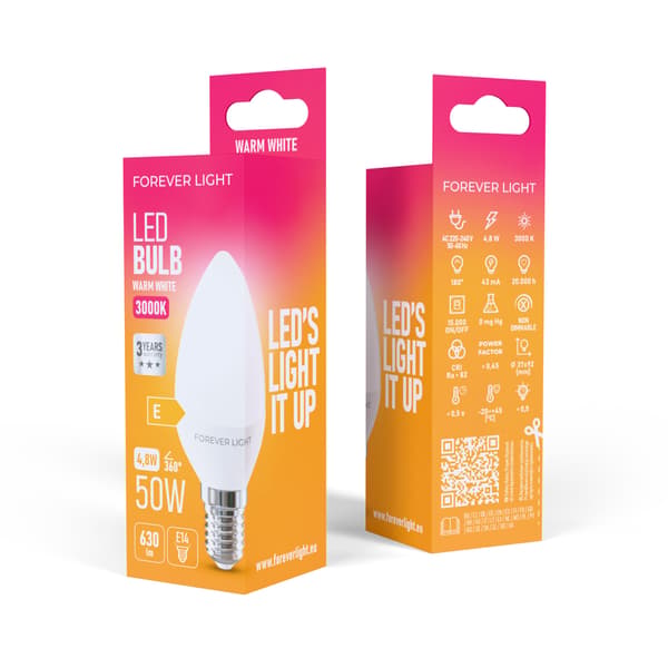 Forever Light LED-lampa E14 C37 4,8W 630lm 3000K klass E